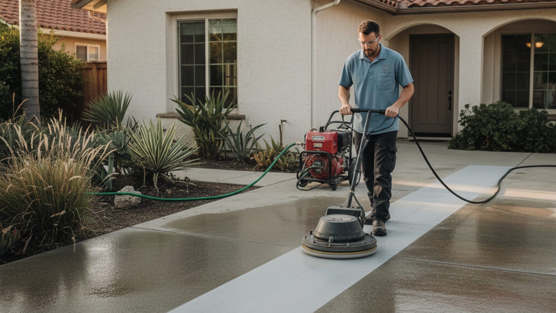 Pressure washing technician using a surface cleaner on a concrete driveway beside a San Diego home in warm afternoon light